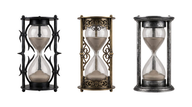 Three vintage hourglasses isolated on transparent background