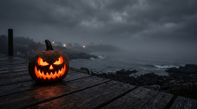 One spooky halloween pumpkin, Jack O Lantern, with an evil face and eyes on a wooden bench, table with a misty gray coastal night background with space for product placement.