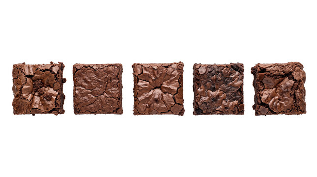 Chocolate brownie squares in a row, five fudgy cocoa cake pieces, gourmet dark chocolate dessert portions isolated PNG with Transparent Background