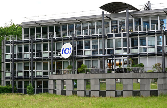 Geneva, Switzerland, Europe - 05.2026 : Satellite dish with logo on facade of head office of European Broadcasting Union, alliance of public service media organizations in European Broadcasting Area