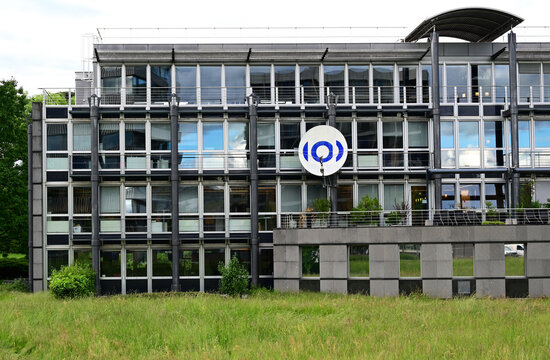 Geneva, Switzerland, Europe - 05.2026 : Satellite dish with logo on facade of head office of European Broadcasting Union, alliance of public service media organizations in European Broadcasting Area