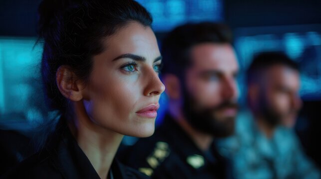 Female military officer monitoring glowing digital displays beside male personnel in dim command center, focused on operational coordination, security oversight, and team communication