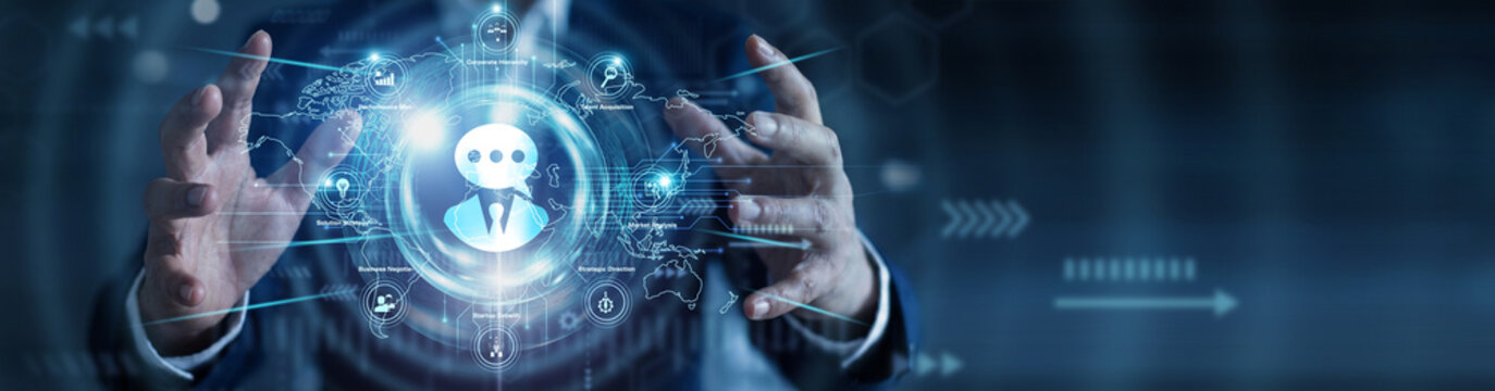 Advisory services. Business strategist holding glowing management consulting framework over a global network on an abstract dark background. Corporate solution.