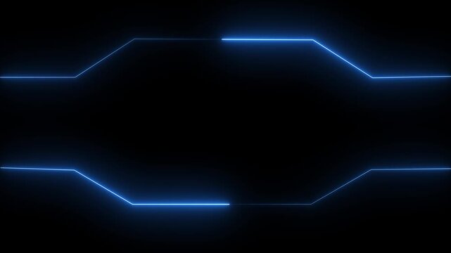 Glowing blue neon futuristic tech frame animation with laser circuit lines border loop on dark black background for digital HUD display and video overlay. Animation of 4k video.
