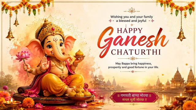 Ganesh Chaturthi Festival Celebration with Lord Ganesha, Temple and Riverside Diyas