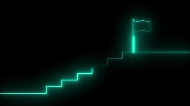 Glowing green neon career growth steps with goal flag animation loop on dark black background for business success progression line art concept. Animation of 4k video.