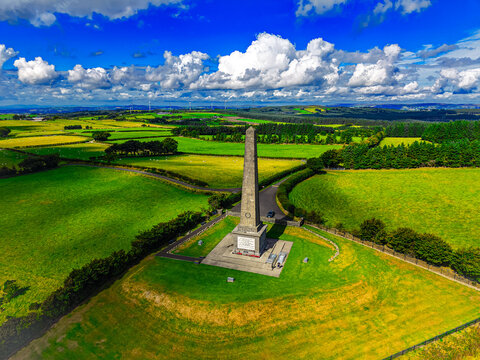Aerial view of the Knockagh Monument Carrickfergus, Northern Ireland, United Kingdom.