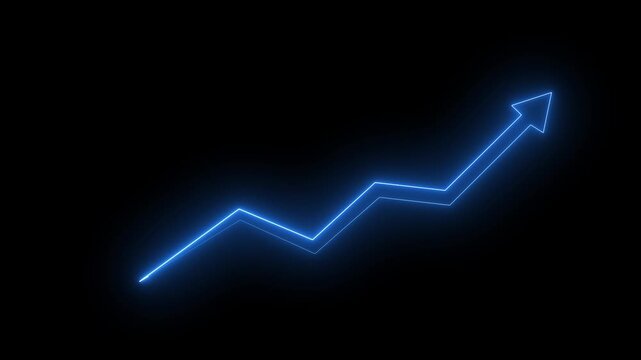 Glowing blue neon growth arrow chart animation loop on dark black background for business success financial profit trading investment infographics overlay. Animation of 4k video.