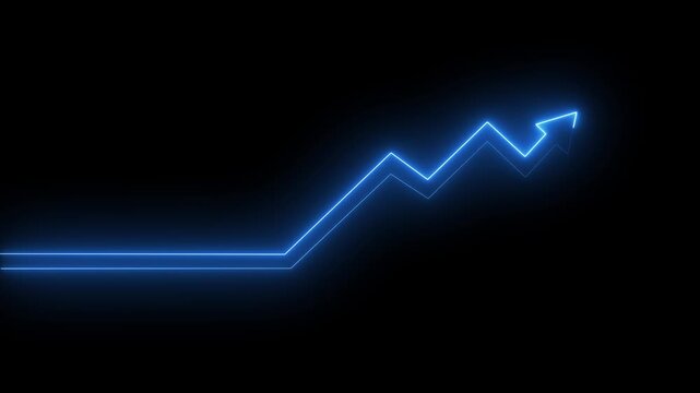 Glowing blue neon growth arrow chart line animation loop on dark black background for business success financial profit trading investment infographics overlay. Animation of 4k video.