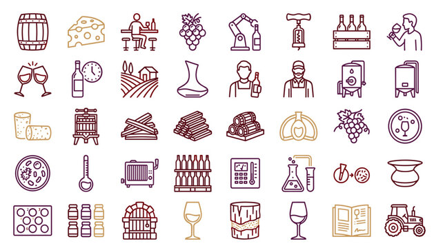 Winemaking process and vineyard viticulture line icon vector set featuring winery cellar equipment grape fermentation and laboratory wine testing