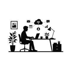 Fototapeta premium Work From Home Silhouette Man Working On Laptop Vector