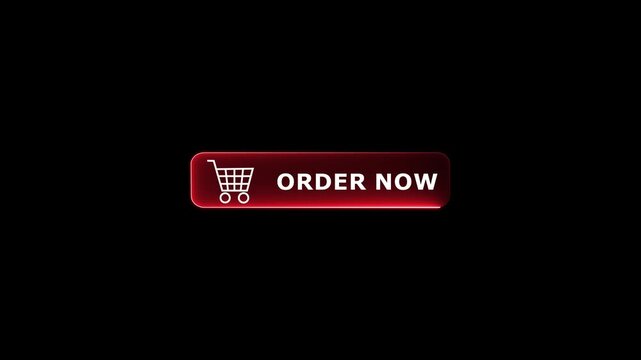 Order Now button UI concept animation with shopping cart line icon and glowing red neon frame loop on black background for e-commerce website interface.4k motion video.