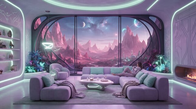 Futuristic living room interior with purple lighting and panoramic view of alien landscape sci fi modern design
