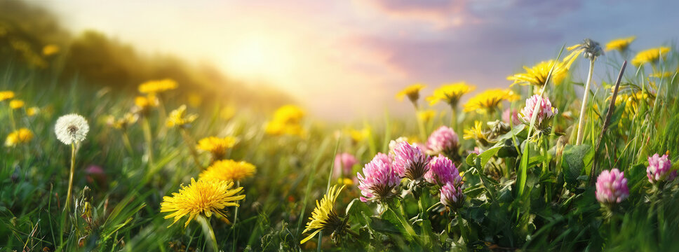 Wildflower meadow at dawn with yellow dandelions and pink clover in soft backlight across panoramic landscape, with wildflower, meadow, dandelion, clover detail