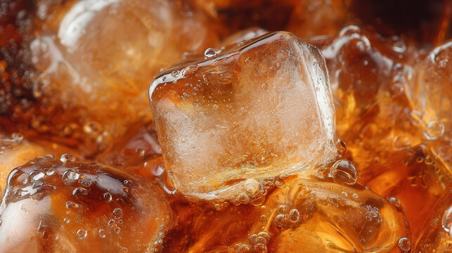 ice cubes floating and bubbling in refreshing cola drink with brown and white colors close-up macro shot on glass background for beverages and food and drink market contexts.