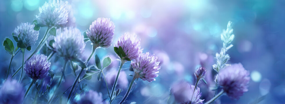 Pink clover blooms in dew covered spring meadow with soft blue bokeh, shallow focus, delicate stems, rounded flower heads, fresh morning light and calm natural color tones