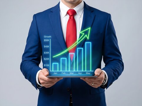 businessman holding tablet with growing graph and arrow pointing up