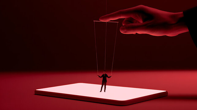 A giant hand control a tiny human figure like a puppet with strings above a digital tablet screen in a dark red dramatic moody studio photo