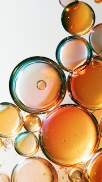 Round bubbles float gently in water, showing shifting rainbow colors under macro view with a white background.