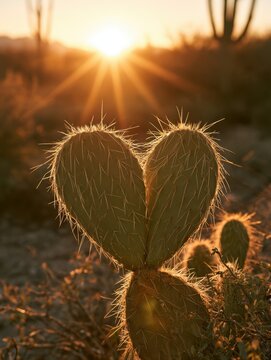 Heart shaped prickly pear cactus glowing in warm golden sunset light in desert landscape, nature love concept, wild cactus in desert sun, beautiful warm lighting wild nature photo background