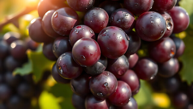 Ripe deep purple grapes under sunlight, dew drops glistening on the skin.