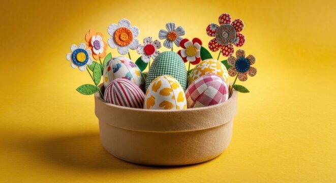 Colorful decorated Easter eggs and handmade craft flowers arranged in a rustic wooden bowl on a bright yellow background