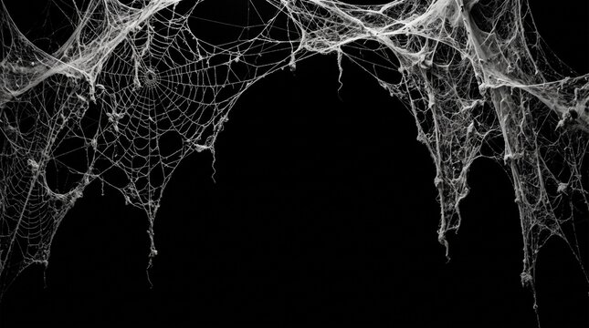 Real creepy spider webs on black banner