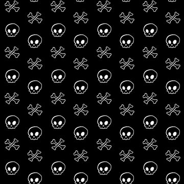 Hand-drawn white crayon seamless pattern of creepy cute skulls bones on black background for gothic textiles, Halloween apparel, Dia de los Muertos wrapping paper, witchy stationery, spooky home decor