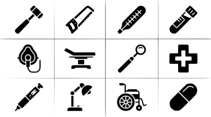 Naklejka premium Surgical Tools and Healthcare Equipment Black Glyph Vector Icon Collection