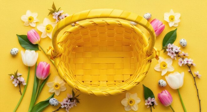 Top view flat lay of an empty yellow woven basket surrounded by colorful spring flowers on a bright yellow background