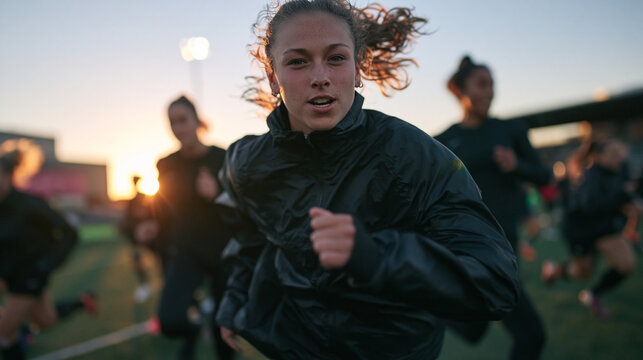 Female Athlete Running with Team during Training Session