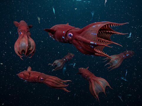 Various Realistic Vampire Squid Deep Sea Marine Animals Swimming Underwater