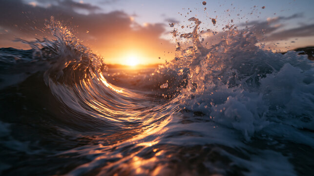 Ocean Wave Splashing at Sunset with Golden Light