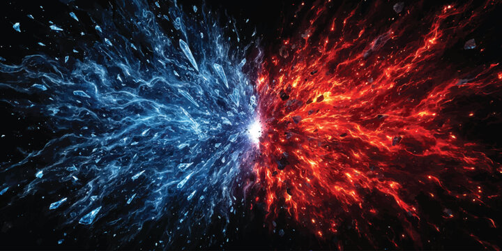 Massive cosmic explosion with blue and red stellar energy particles expanding outward blue nebula red shrapnel particle burst space expansion galaxy collision supernova blast radiant debri