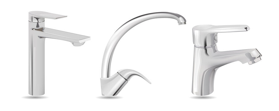 Modern faucets with shiny chrome finish and transparent background