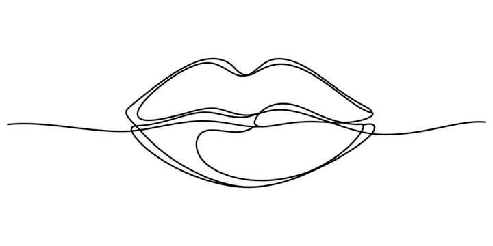 Minimalist one line art drawing of sensuous lips on white background representing beauty design concept for cosmetics and skincare brand identity.