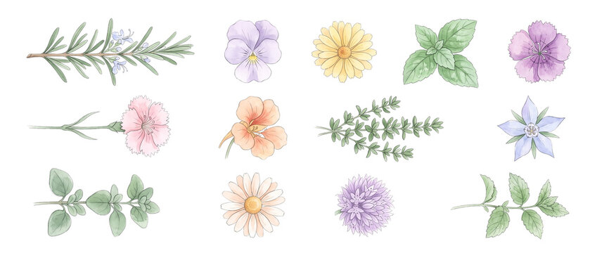 Edible flowers herbs watercolor illustration set isolated on black background for culinary botanical design, organic garden plants vector clipart collection for tea cooking recipe decoration