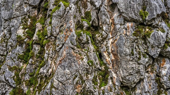 Natural Rock Texture with Green Moss on Stone Surface