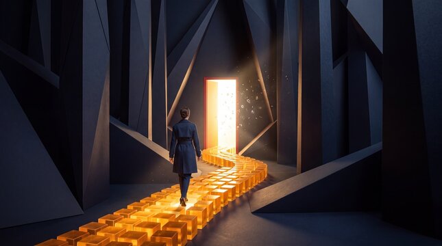 Businesswoman Walking on Glowing Path Toward Bright Doorway