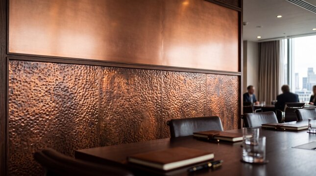 Modern Executive Boardroom Interior with Copper Wall