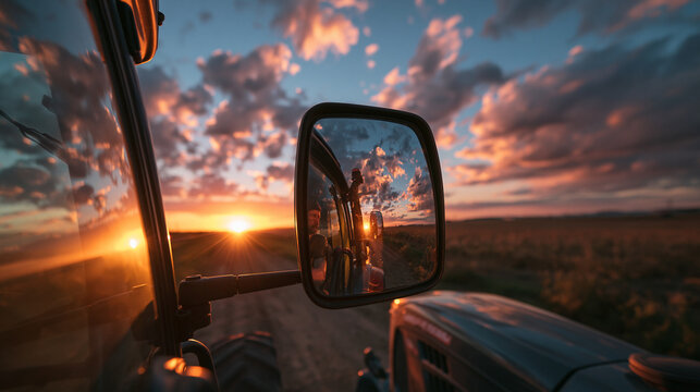Tractor Side Mirror Reflection of Dramatic Sunset Over Field