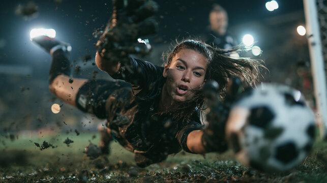 Female Goalkeeper Diving to Save Soccer Ball During Muddy Match
