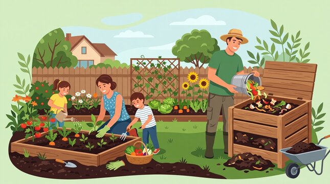 Happy Family Gardening and Composting in Backyard