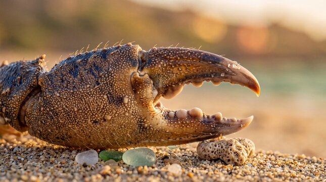 Crab Claw on Sandy Beach with Sea Glass at Sunset