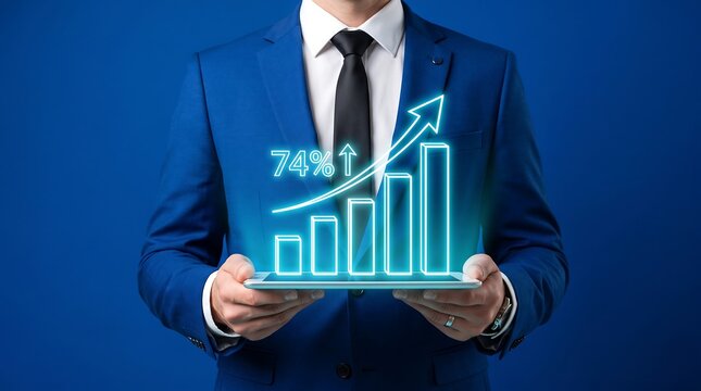 man in business suit holding tablet with growing graph and 74% increase