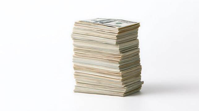 A tall thick stack of paper currency bills piled high on a clean white background representing wealth, finance, success, and rich lifestyle