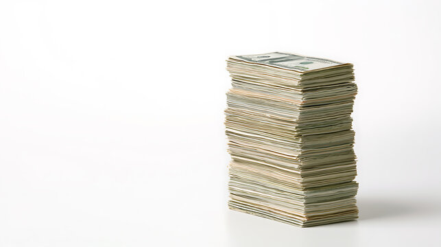 A tall vertical stack of paper currency bills stands on a clean white surface, symbolizing wealth, business profit, financial success and savin