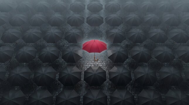 Red Umbrella Stands Out Among Many Black Umbrellas in Foggy City Street