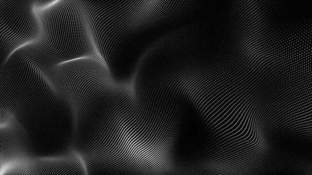 Abstract white dot wave motion forming dynamic flowing surface on dark background an 3D pattern composed of countless