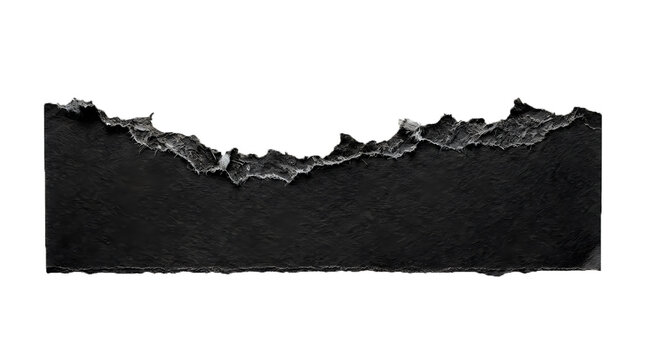 A single piece of black torn paper strip with a rough edge isolated on transparent background